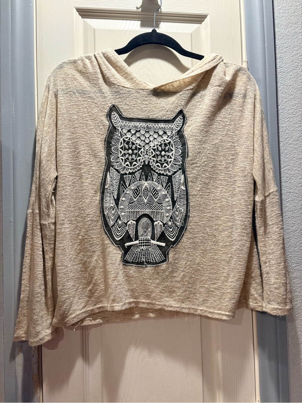 Poetry Cream Knit Hoodie with Black & White Owl Applique